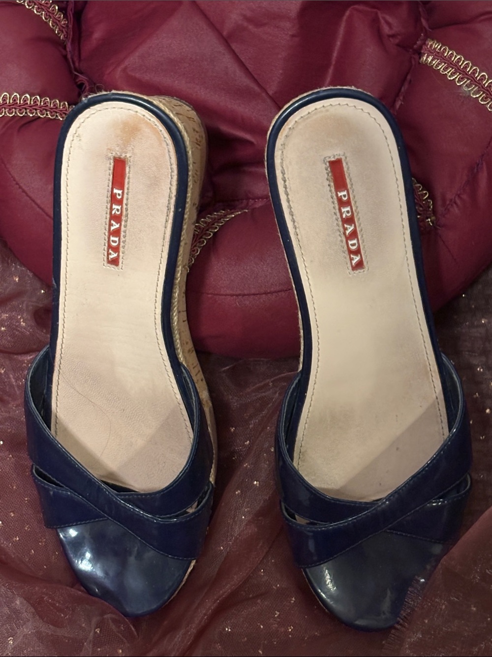 Prada Navy Patent Leather Crisscross Wedge Mules